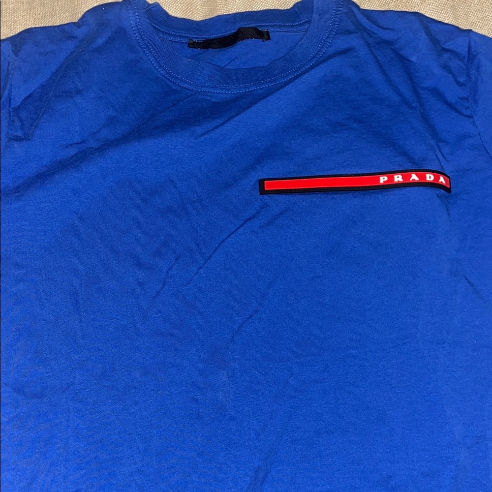 Prada Men's Tee in Vibrant Blue with Red Accent